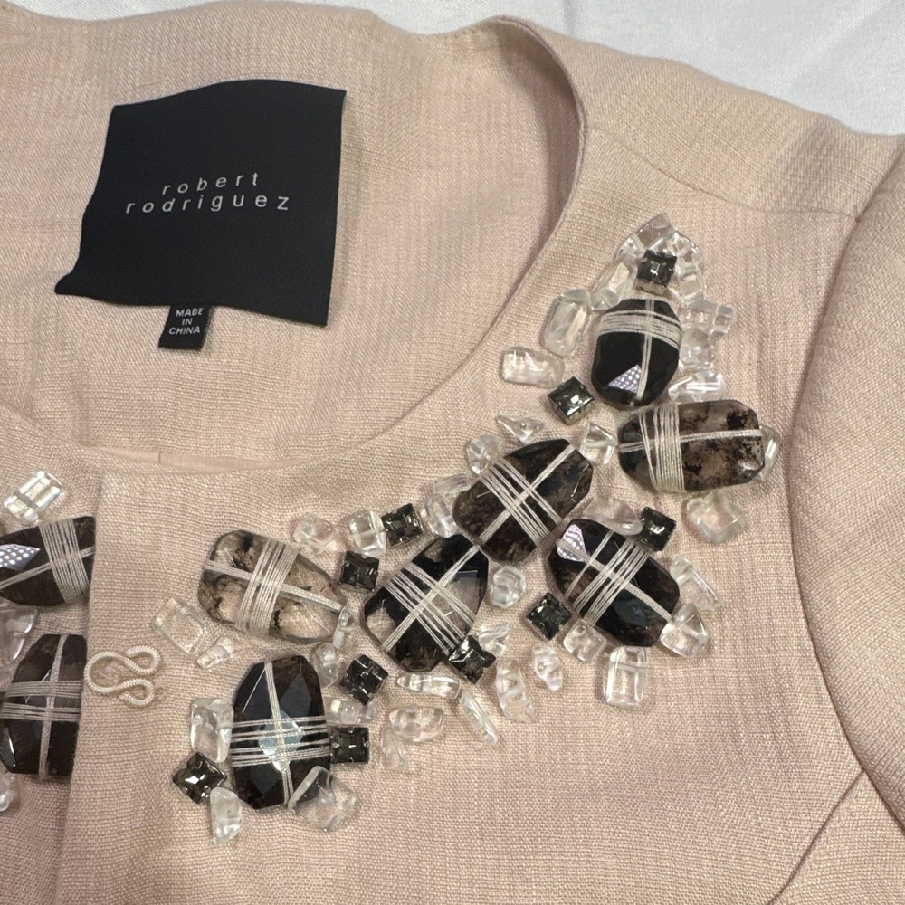 Robert Rodriguez Linen Embellished Jewel Neck Hook & Eye Jacket Blush Pink Women - Picture 5 of 10